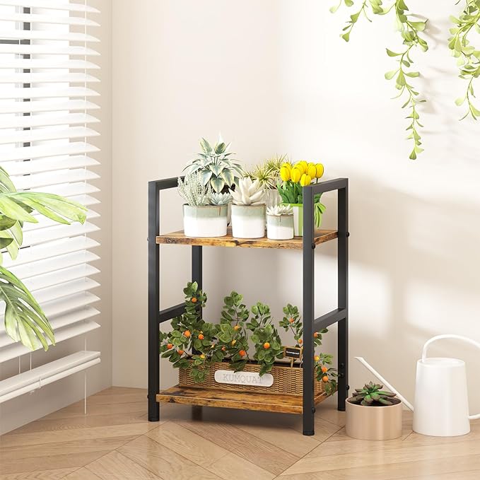 Small Bookshelf for Small Space, 2 Tier Industrial Bookcase,Narrow Book Case Storage Organizer Book Shelf for Living Room, Bedroom and Office, Easy Assembly(2 Tier,Rustic Brown) - LeafyLoom