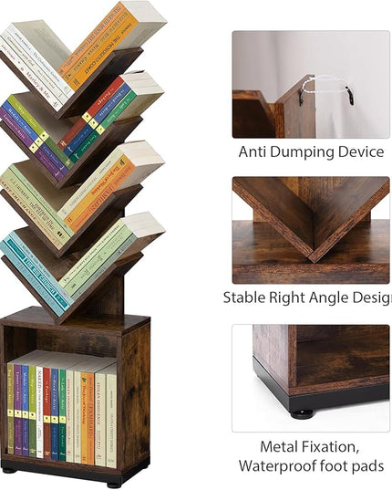 ruboka 5-Shelf Tree Bookshelf with Storage, 37.9-Inch Retro Floor Standing Bookcase Display for CDs/Magazine/Books, Small Bookshelf for Bedroom, Living Room, Office, Brown Storage Shelves - LeafyLoom