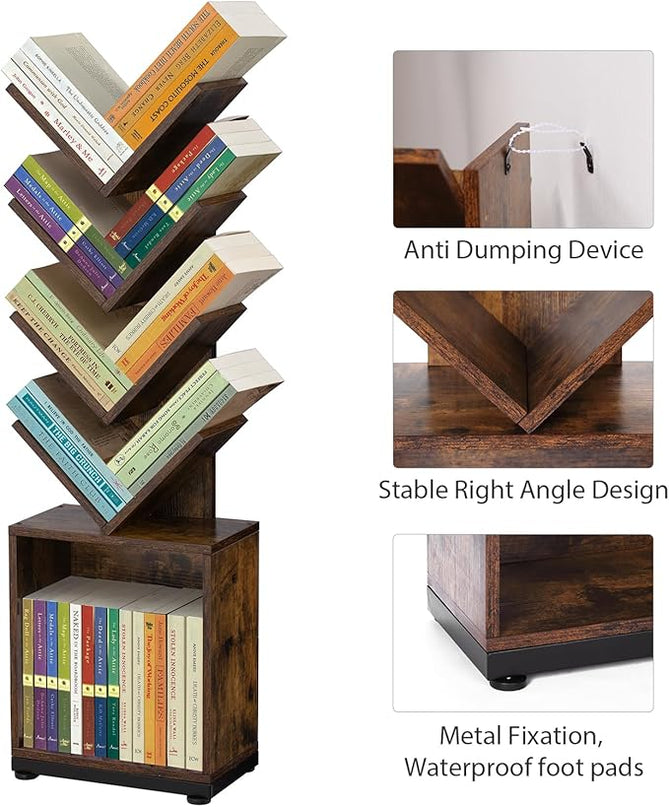 ruboka 5-Shelf Tree Bookshelf with Storage, 37.9-Inch Retro Floor Standing Bookcase Display for CDs/Magazine/Books, Small Bookshelf for Bedroom, Living Room, Office, Brown Storage Shelves - LeafyLoom