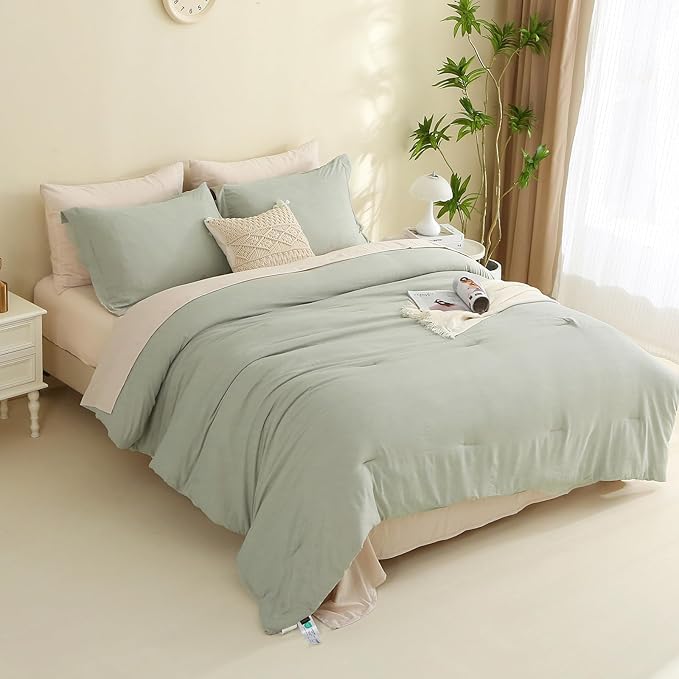 MILDLY King Size Comforter Set 7 Piece Color Clash, Mist Sage Bed in a Bag, All Season Bedding Sets with 1 Comforter, 2 Pillow Shams, 2 Pillowcases, 1 Flat Sheet, 1 Fitted Sheet - LeafyLoom