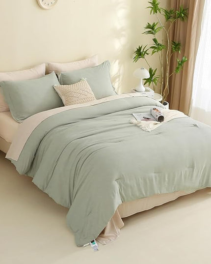 MILDLY Full Size Comforter Set 7 Piece Color Clash, Mist Sage Bed in a Bag, All Season Bedding Sets with 1 Comforter, 2 Pillow Shams, 2 Pillowcases, 1 Flat Sheet, 1 Fitted Sheet - LeafyLoom