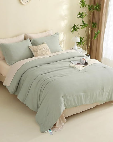 MILDLY Twin Comforter Set 5 Piece Color Clash, Mist Sage Bed in a Bag, All Season Bedding Sets with 1 Comforter, 1 Pillow Shams, 1 Pillowcases, 1 Flat Sheet, 1 Fitted Sheet - LeafyLoom