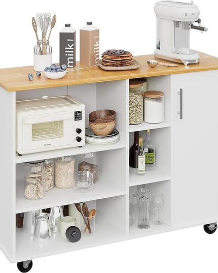 Shintenchi 47”W Kitchen Storage Island Cart with 6 Open Shelves and 1 Cabinet, Portable Trolley Cart with Wood Work Top and Handle/Towel Rack, White - LeafyLoom