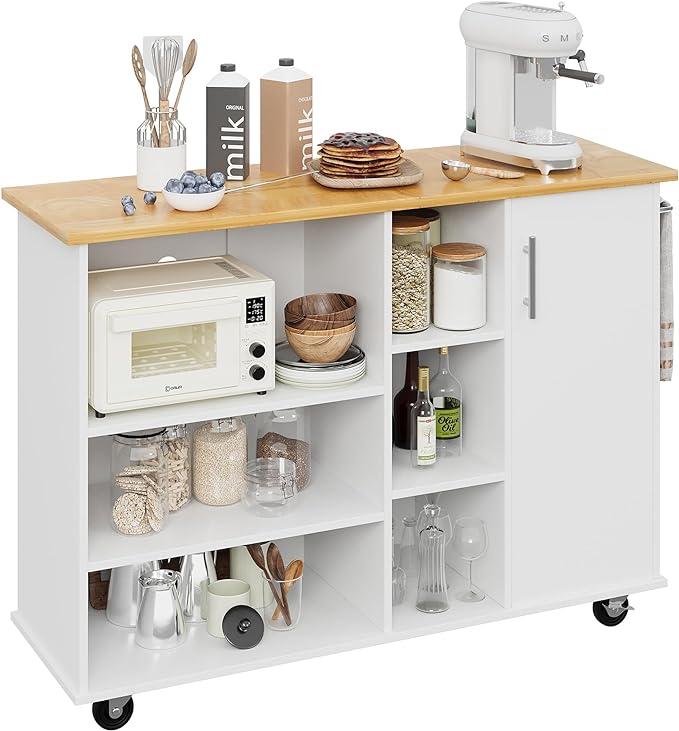 Shintenchi 47”W Kitchen Storage Island Cart with 6 Open Shelves and 1 Cabinet, Portable Trolley Cart with Wood Work Top and Handle/Towel Rack, White - LeafyLoom