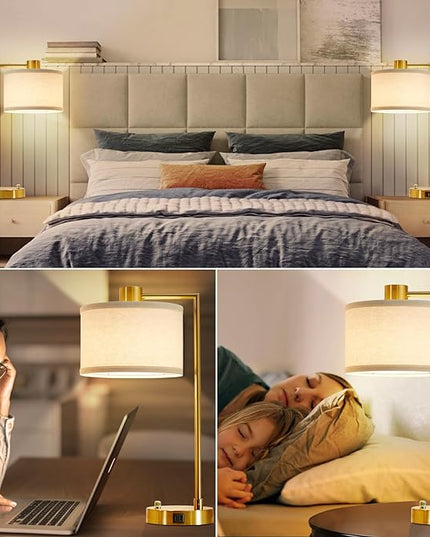 Luvkczc Table Lamp for Bedroom Set of 2 with USB C+A Ports, Fully Stepless Dimmable Bedside Lamp with Linen Lampshade, Nightstand Lamp for Living Room Reading Office, 2 LED Bulbs Included (Gold) - LeafyLoom