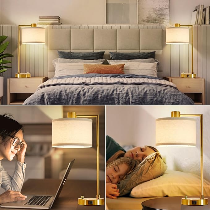 Luvkczc Table Lamp for Bedroom Set of 2 with USB C+A Ports, Fully Stepless Dimmable Bedside Lamp with Linen Lampshade, Nightstand Lamp for Living Room Reading Office, 2 LED Bulbs Included (Gold) - LeafyLoom