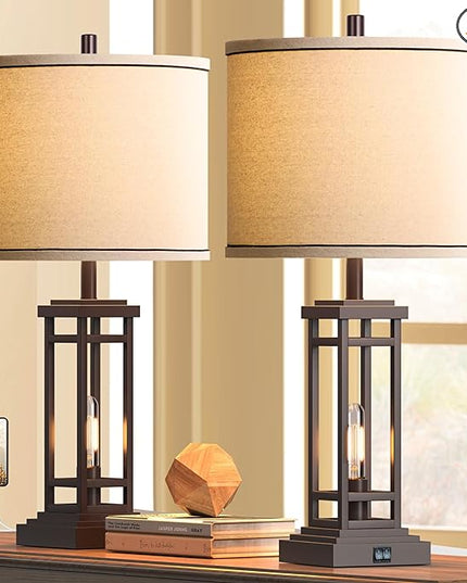 27.5 Tall Farmhouse Table Lamps with USB C + USB A Charge Ports, Rustic Living Room Lamps Set of 2, Black Industrial End Table Lamp for Bedroom Living Room Nightstand - LeafyLoom