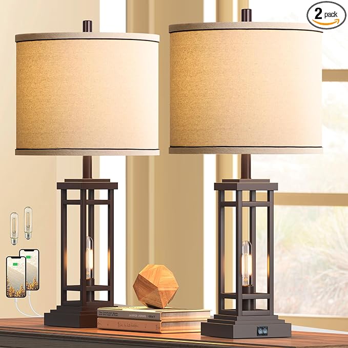 27.5 Tall Farmhouse Table Lamps with USB C + USB A Charge Ports, Rustic Living Room Lamps Set of 2, Black Industrial End Table Lamp for Bedroom Living Room Nightstand - LeafyLoom