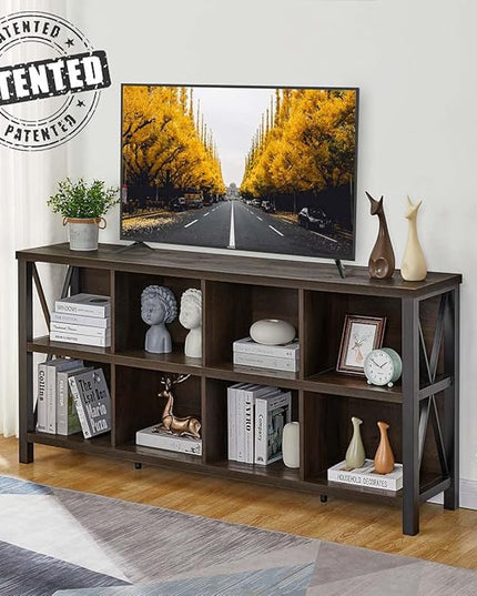 FATORRI 8 Cube Storage Organizer Bookshelf, Rustic Wood Cubby Bookcase, Industrial Horizontal Long Shelf for Living Room (Walnut Brown, 62 Inch) - LeafyLoom