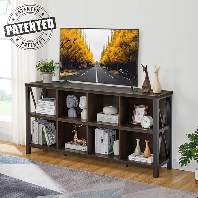 FATORRI 8 Cube Storage Organizer Bookshelf, Rustic Wood Cubby Bookcase, Industrial Horizontal Long Shelf for Living Room (Walnut Brown, 62 Inch) - LeafyLoom
