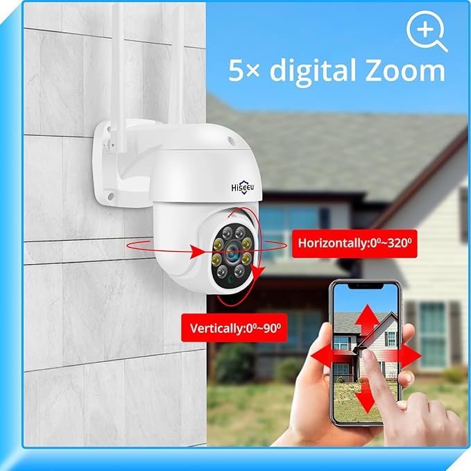 Hiseeu 2K 3MP PTZ Security Camera Outdoor,WiFi Camera, Auto Tracking&Light Alarm Floodlight & Color Night Vision,Two-Way Audio, Plug-in Cable,Compatible Wireless Camera System Hiseeu