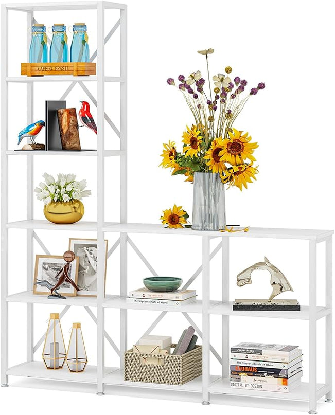 Tribesigns 9 Shelves Bookshelves, Industrial Ladder Corner Etagere Bookcase, Rustic 6-tier Display Open Shelf Storage Organizer for Living Room (White) - LeafyLoom
