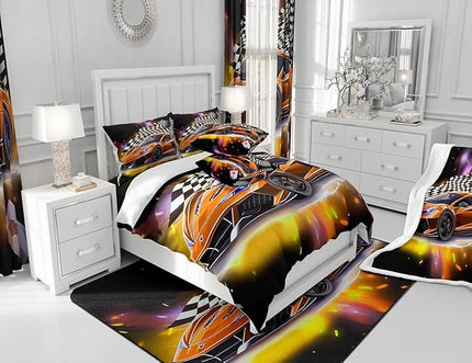 Feelyou Sports Car Comforter Set Queen, Orange Racing Car Bedding Set 3pcs for Kids Boys Teens Bedroom Cool Speed Luxury Car Decor, Black White Plaid Grid Print Quilt Set with 2 Pillowcases - LeafyLoom