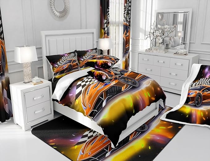 Feelyou Sports Car Comforter Set Queen, Orange Racing Car Bedding Set 3pcs for Kids Boys Teens Bedroom Cool Speed Luxury Car Decor, Black White Plaid Grid Print Quilt Set with 2 Pillowcases - LeafyLoom