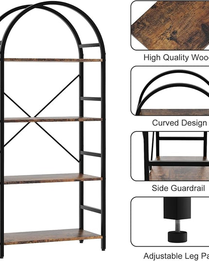 4-Tier Bookshelf, 24 Inch Width Industrial Arched Bookcase, Vintage Storage Rack with Open Shelves, Free Standing Shelf for Home Office, Living Room,Bedroom, Rustic Brown - LeafyLoom