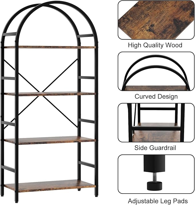 4-Tier Bookshelf, 24 Inch Width Industrial Arched Bookcase, Vintage Storage Rack with Open Shelves, Free Standing Shelf for Home Office, Living Room,Bedroom, Rustic Brown - LeafyLoom