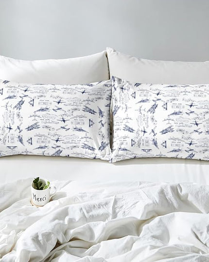 Feelyou Aircraft Bedding Set Kids Airplane Print Comforter Set Boys Girls Decor Aircraft Flying Comforter Cover Set Microfiber Sketch Style Blue White Duvet Set Bedroom Quilt Set Twin Size - LeafyLoom