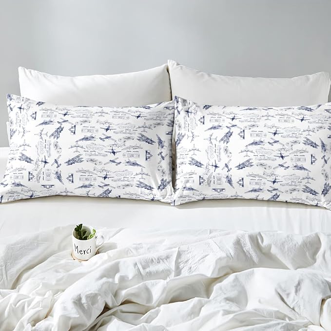 Feelyou Aircraft Bedding Set Kids Airplane Print Comforter Set Boys Girls Decor Aircraft Flying Comforter Cover Set Microfiber Sketch Style Blue White Duvet Set Bedroom Quilt Set Twin Size - LeafyLoom