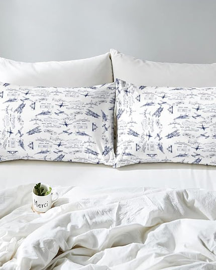 Feelyou Aircraft Bedding Set Kids Airplane Print Comforter Set Boys Girls Decor Aircraft Flying Comforter Cover Set Microfiber Sketch Style Blue White Duvet Set Bedroom Quilt Set Queen Size - LeafyLoom