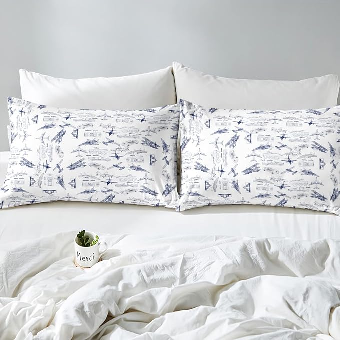 Feelyou Aircraft Bedding Set Kids Airplane Print Comforter Set Boys Girls Decor Aircraft Flying Comforter Cover Set Microfiber Sketch Style Blue White Duvet Set Bedroom Quilt Set Queen Size - LeafyLoom