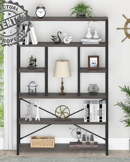 LVB Industrial Tall Bookshelf, Modern Wood Metal 6 Tier Book Shelf, Farmhouse Large 6 Shelf Etagere Bookcase, Open Wide Storage Bookshelves and Bookcases for Bedroom Living Room Office, Dark Gray Oak - LeafyLoom