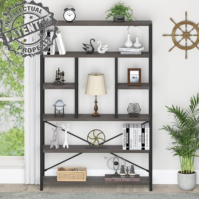 LVB Industrial Tall Bookshelf, Modern Wood Metal 6 Tier Book Shelf, Farmhouse Large 6 Shelf Etagere Bookcase, Open Wide Storage Bookshelves and Bookcases for Bedroom Living Room Office, Dark Gray Oak - LeafyLoom