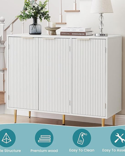 Storage Cabinet, Modern Accent Buffet Cabinet, FreeStanding Sideboard and Buffet Storage Adjustable Shelves with 3 Doors for Bedroom, Living Room, Kitchen or Hallway,White - LeafyLoom