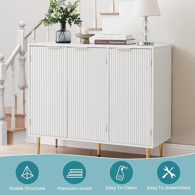 Storage Cabinet, Modern Accent Buffet Cabinet, FreeStanding Sideboard and Buffet Storage Adjustable Shelves with 3 Doors for Bedroom, Living Room, Kitchen or Hallway,White - LeafyLoom