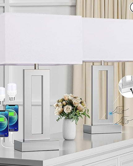 Nightstand Table Lamps for Bedrooms Set of 2 - Touch Bedside Lamp with USB C+A, 3 Way Dimmable Living Room Lamps for End Tables Set of 2, Modern Night Stand Lamps for Bed Side(White&Silver) - LeafyLoom