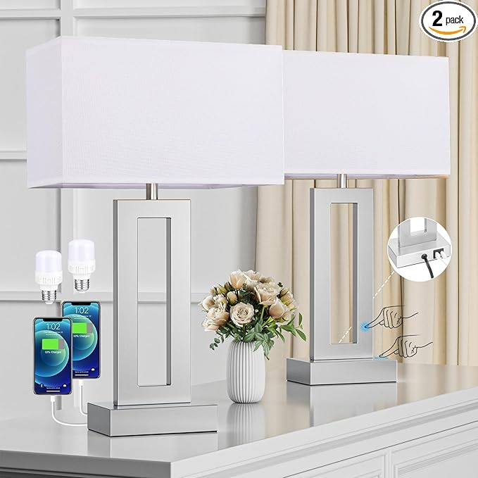 Nightstand Table Lamps for Bedrooms Set of 2 - Touch Bedside Lamp with USB C+A, 3 Way Dimmable Living Room Lamps for End Tables Set of 2, Modern Night Stand Lamps for Bed Side(White&Silver) - LeafyLoom