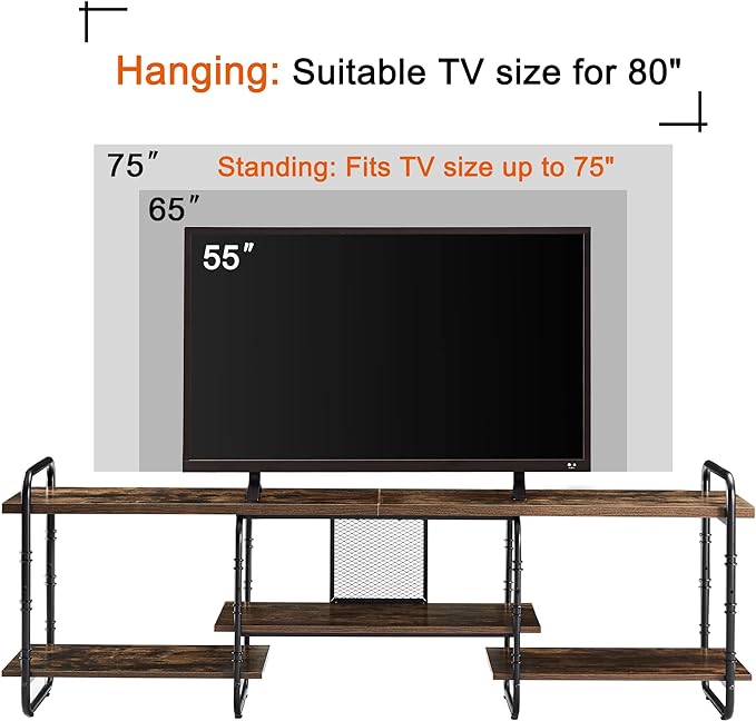 VECELO Industrial Television Stand up to 75 Inch TV Entertainment Center/Media Console Table with Open Storage Shelves for Living Room/Bedroom, Classic Brown - LeafyLoom