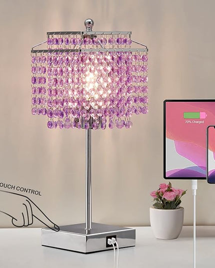 Luvkczc Bedside Crystal Table Lamp, Touch Crystal Lamps with USB C+A Ports, 3-Way Dimmable Purple Lamp with Crystal Shade for Girl Bedroom, Living Room, 6W B11 Bulb Included - LeafyLoom