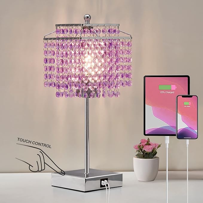 Luvkczc Bedside Crystal Table Lamp, Touch Crystal Lamps with USB C+A Ports, 3-Way Dimmable Purple Lamp with Crystal Shade for Girl Bedroom, Living Room, 6W B11 Bulb Included - LeafyLoom