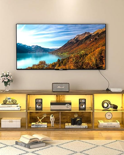 VECELO LED Gaming TV Stand with Power Outlets Television Cabinet with 7 Open Storage Shelves, Industrial Entertainment Center for Living Room and Bedroom, Light Brown, 70inch - LeafyLoom