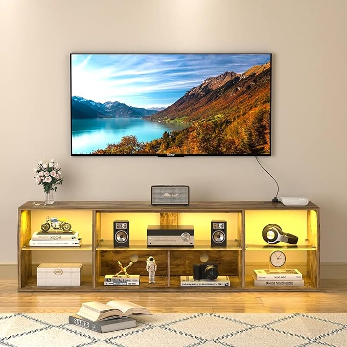 VECELO LED Gaming TV Stand with Power Outlets Television Cabinet with 7 Open Storage Shelves, Industrial Entertainment Center for Living Room and Bedroom, Light Brown, 70inch - LeafyLoom