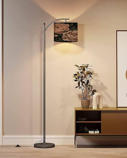 Modern Arc Floor Lamp with Dimmer Mid Century Floral seamless Botanical realistic peonies dark Vintage hand drawn Metal Standing Lamp with Linen Shade Footswitch for Living Room Bedroom Office - LeafyLoom