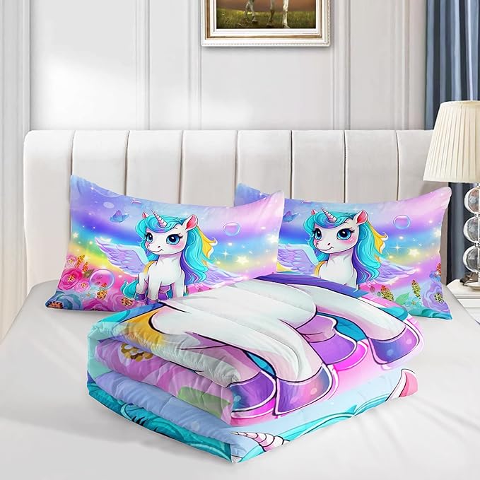 Kid Unicorn Comforter Set Full Size 3Pcs Butterfly Rainbow Flower Star Pattern Quilt Bedding Set for Boys Girls with 1 Comforter and 2 Pillowcases - LeafyLoom