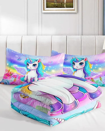Kid Unicorn Comforter Set Twin/Full/Queen Size 3Pcs Butterfly Rainbow Flower Star Pattern Quilt Bedding Set for Boys Girls with 1 Comforter and 2 Pillowcases - LeafyLoom