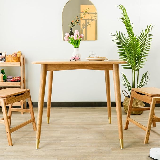 Dining Table, Solid Wood Square Dining Table for Small Space with Copper Decor, Mid Century Kitchen Tables for Island, Modern Oak Wooden Tables, 31.5”D x 31.5" W x 29.5" H (Natural Table Only) - LeafyLoom