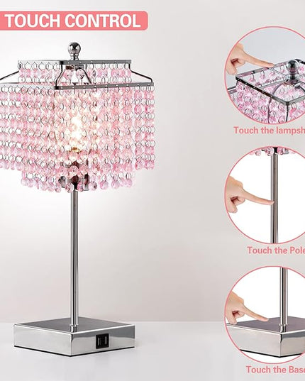 Luvkczc Pink Bedside Crystal Table Lamp, Touch Control Crystal Lamps with USB C+A Ports, 3-Way Dimmable Lamp with Crystal Shade for Girl Bedroom, Living Room, 6W B11 Bulb Included - LeafyLoom