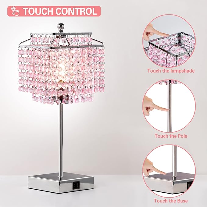Luvkczc Set of 2 Bedside Pink Crystal Table Lamp, Touch Control Crystal Lamp, 3-Way Dimmable Lamp with Crystal Shade for Bedroom, Girl Living Room, 6W B11 Bulb Included - LeafyLoom
