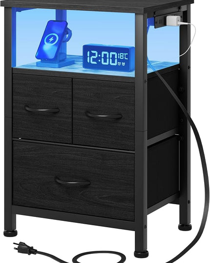 Furnulem Black Nightstand with Wood Shelf, Bedside Table with Led Light and Charging Station, 25.8 Inch End Table with 3 Fabric Storage Drawers, Small Side Table Night Stand for Bedroom Furniture - LeafyLoom