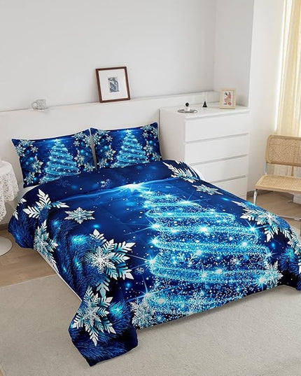 Feelyou Girls Christmas Tree Comforter Set Blue Xmas Theme Comforter Full Chic Winter Snowflake Bedding Set for Girls Daughter Bedroom Decor Soft Girly Glitter Quilted Duvet Winter Warm Bedding - LeafyLoom