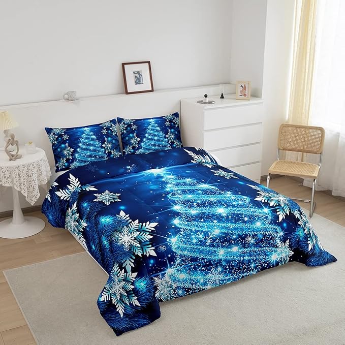 Feelyou Girls Christmas Tree Comforter Set Blue Xmas Theme Comforter Full Chic Winter Snowflake Bedding Set for Girls Daughter Bedroom Decor Soft Girly Glitter Quilted Duvet Winter Warm Bedding - LeafyLoom