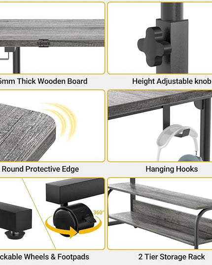 32" Height Adjustable Standing Desk with Power Outlets - Manual Rolling Stand Up Desk with Wheels Small Portable Computer Desk Mobile Laptop Table with Storage Shelves for Home Office, Grey Oak - LeafyLoom