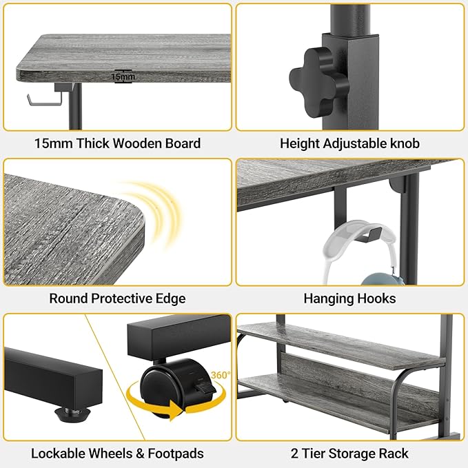 32" Height Adjustable Standing Desk with Power Outlets - Manual Rolling Stand Up Desk with Wheels Small Portable Computer Desk Mobile Laptop Table with Storage Shelves for Home Office, Grey Oak - LeafyLoom