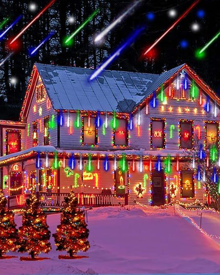 Kwaiffeo Icicle Christmas Lights Outdoor, Meteor Shower Lights 12 inch 8 Tube Cascading Lights for Xmas Tree Decor Wedding Party, Christmas Outdoor Decorations, UL Plug Multi Colored Kwaiffeo