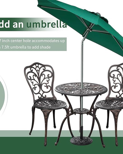 Outdoor Bistro Set 3 Piece Patio Bistro Set with Umbrella Hole, Weather Resistant Bistro Table and Chairs Set of 2 for Porch Garden, Bronze - LeafyLoom