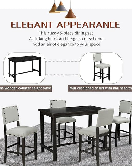 5 Piece Counter Height Dining Set for 4 Person, Include Classic Elegant Solid Wood Table and Four Padded Backrest Chairs, Farmhouse Home Furniture for Kitchen, Living Room, Espresso+Light Gray - LeafyLoom