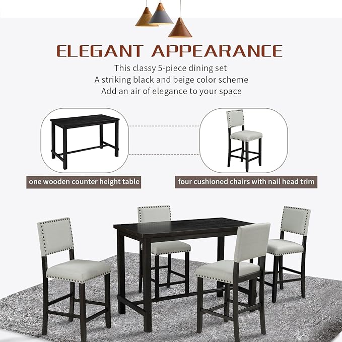 5 Piece Counter Height Dining Set for 4 Person, Include Classic Elegant Solid Wood Table and Four Padded Backrest Chairs, Farmhouse Home Furniture for Kitchen, Living Room, Espresso+Light Gray - LeafyLoom